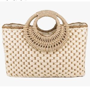 Amazon QTKJ Tan Neutral Woven Rattan Straw Tote Bag with Zip Closure New